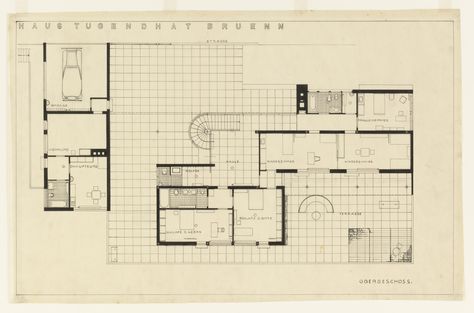 Ludwig Mies van der Rohe. Tugendhat House, Brno, Czech Republic, Second floor plan. 1928-30 Ludwig Mies Van Der Rohe Architecture, Mies Van Der Rohe Plan, Mies Van Der Rohe House, Mies Van Der Rohe Architecture, Tugendhat House, Villa Tugendhat, Brno Czech Republic, Interior Design Courses, Ludwig Mies Van Der Rohe