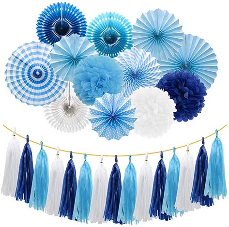 Meiduo Blue Party Decorations Hanging Paper Fans Pom Poms Flowers Tissue Tassel Garland for Elephant Shark Theme Kids Birthday Baby Shower Graduation : Home & Kitchen 17th Birthday Party Ideas, White Party Theme, Tissue Tassel Garland, Wonderland Party Decorations, White Party Decorations, Boys Birthday Party Decorations, Blue Party Decorations, Rose Gold Party Decor, Rose Gold Party