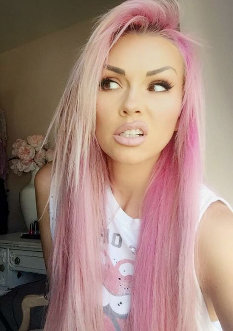 Pink Hair With Roots, Chalene Johnson Hair, Blonde Hair With Pink Halo, Bright Pink Hair Dark Roots, Nicole Huntsman, Pastel Pink With Dark Roots, Pink Hair Streaks, Bubblegum Pink Hair Cotton Candy, Exotic Hair Color