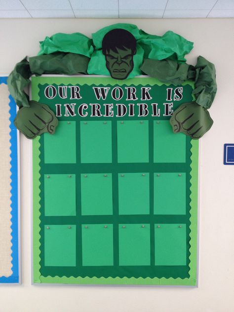 Incredible Hulk bulletin board.  Found a cool picture of Hulk's face and hands online.   Drew them onto green construction paper.  Crinkled two colors of green construction paper for the shoulders and arms; stapled to the wall.  Thumb pins and binder clips to hold the work onto the board.  Took me 45 mins to make. Marvel Classroom, Hero Classroom Theme, Superhero School, Hawkeye Avengers, Superhero Classroom Theme, Avengers Theme, Superhero Classroom, Super Hero Theme, Green Construction