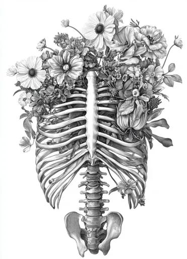 ↑↑↑ Larger size on website 🔸 A detailed pencil drawing of a human ribcage and spine with a vibrant bouquet of flowers growing fro 🔸 From Midjourney AI Image Ribs With Flowers Drawing, Flowers Growing Out Of Body Drawing, Skeleton Tattoo Man, Ribcage Drawing, Rib Cage Tattoos, Human Rib Cage, Ribs Lorde, Ribcage Tattoo, Vibrant Bouquet