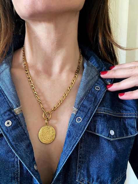 Excited to share this item from my #etsy shop: Gold coin necklace, phestos disc pendentif medallion, chunky coin necklace, ancient aesthetic coin charm necklace, Greek coin charm necklace Ancient Aesthetic, English Coins, Figaro Necklace, Gold Coin Necklace, Greek Coins, Copper Coins, Gold Coin, Small Rings, 2024 Vision