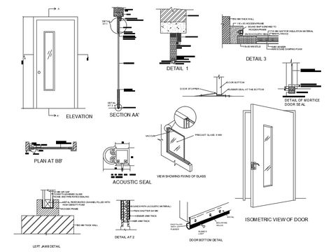 Door elevation, isometric view and installation details that includes a detailed view of wires and fences, galvanized mesh, clamps galv, aluminum couplings, amarres galv, rh place 1 into the spot and 2 in the corners, pe as reinforcement in straight sections, technical specifications, model selection, symbology details, dimensions details, joints details and much more of door installation details. Door Detail Drawing, Door Elevation, Steel Door Detail, Aluminium Door Design, Window Blocks, Detail Drawing, Fence Doors, Window Detail, Double Door Design