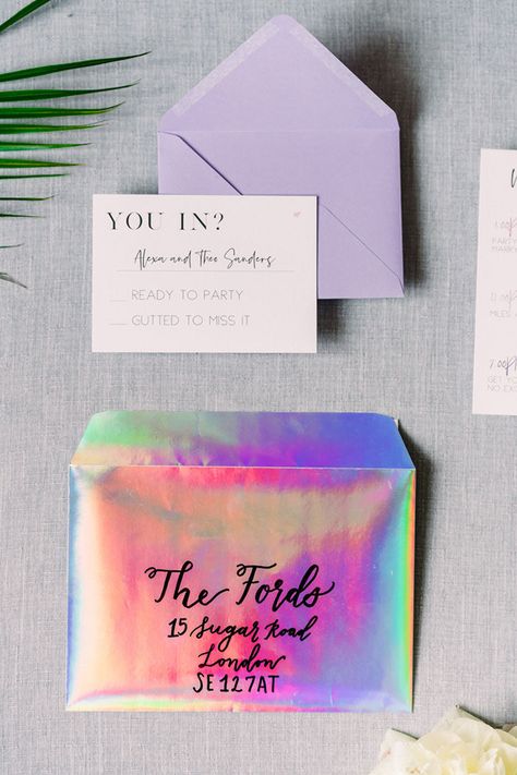 Holographic Bachelorette, Holographic Wedding, Holographic Wedding Decor, Iridescent Wedding, Holographic Invitations, Holographic Card Design, Neon Wedding Invite, Holographic Wedding Invitations, Iridescent Wedding Invitation