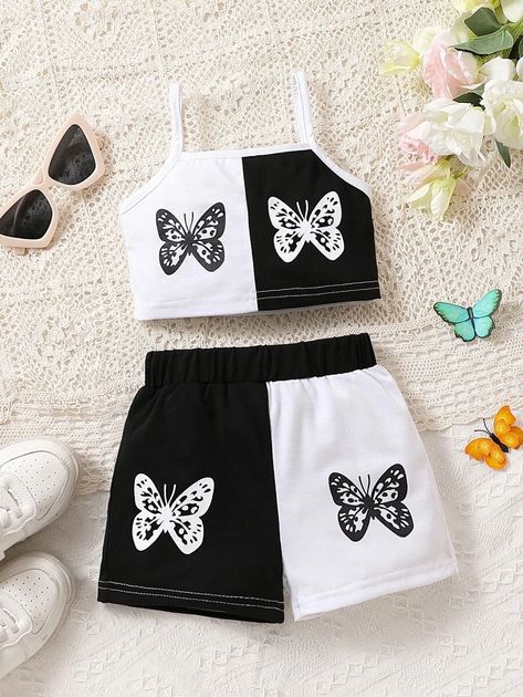 SHEIN Kids EVRYDAY Toddler Girls Butterfly Print Two Tone Cami Top & Shorts | SHEIN USA Salwar Kameez Neck Designs, Vestiti Edgy, Cute Dress Outfits, Easy Trendy Outfits, Simple Trendy Outfits, Cute Everyday Outfits, Kids Outfits Girls, Really Cute Outfits