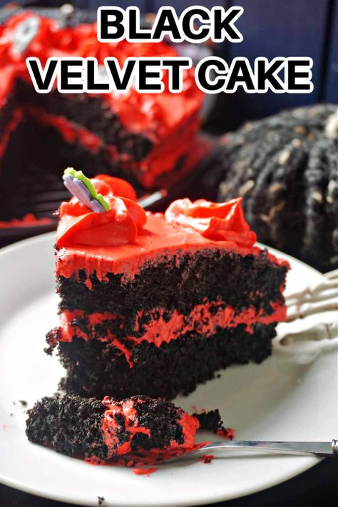 Red Buttercream Frosting, Black Velvet Cake Recipe, Black Velvet Cake, Red Buttercream, Classic Christmas Dessert, Black Velvet Cakes, Black Cocoa Powder, Delicious Halloween Treats, Velvet Cakes