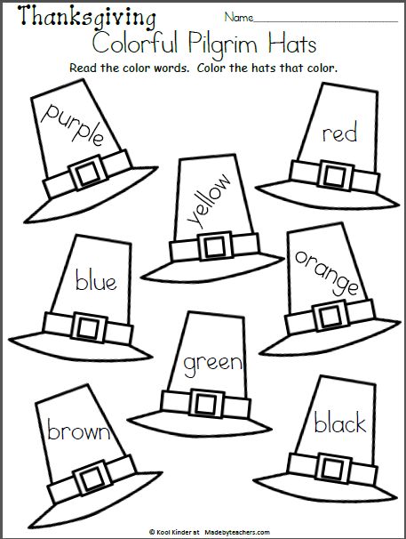 Free worksheet for November and Thanksgiving to help with recognizing the color words. Read the color words on the hats and color the pilgrim hats… Thanksgiving Preschool Worksheets, Pilgrim Activities For Preschool, Thanksgiving Kindergarten Crafts, November Themes For Preschool, Thanksgiving Kindergarten Activities, Kindergarten Thanksgiving Activities, Thanksgiving Worksheets Preschool, Apple Addition, November Lesson Plans