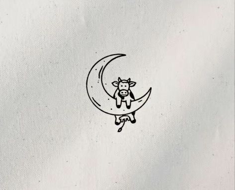 Cow Jumping Over The Moon Drawing, Cow Moon Tattoo, Cow Jumping Over The Moon Tattoo, Moon Line Art Tattoo, Moon Line Art, Cow Jumping Over The Moon, Cow And Moon, The Moon Tattoo, Cow Jumping