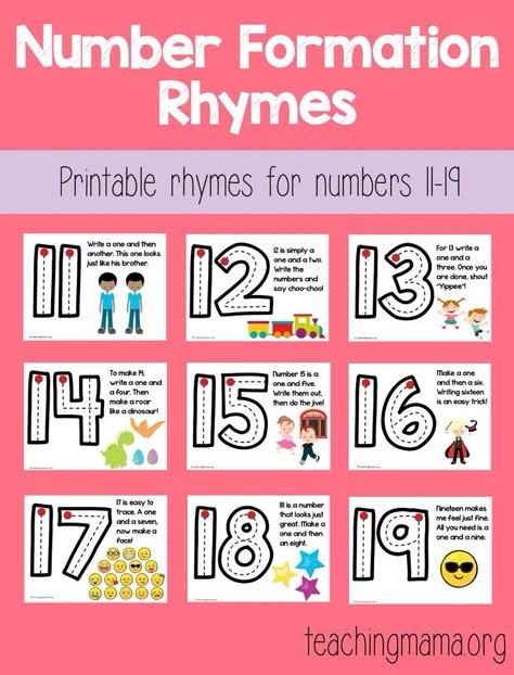 Number Formation Rhymes for 11-19 - this free printable is great for teaching kids how to write 2-digit numbers!  #preschool #kindergarten #mathforearlychildhood Number Formation Rhymes, Number Formation, Prek Math, Teen Numbers, Teaching Numbers, Numbers Kindergarten, Numbers Preschool, E Mc2, Learning Numbers