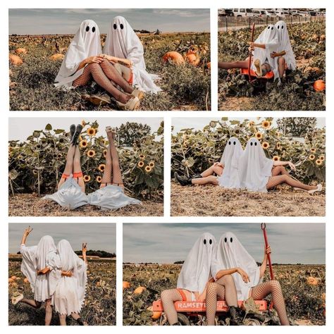 Spooky Best Friend Shoot, Fishnet Ghost Photoshoot, Best Friend Pictures Ghost, Cute Spooky Photoshoot, Bff Ghost Pictures, Friend Fall Photoshoot Ideas, Pumpkin Patch Ghost Photoshoot, Ghost Bestie Photos, Best Friend Pictures Photo Shoots Halloween