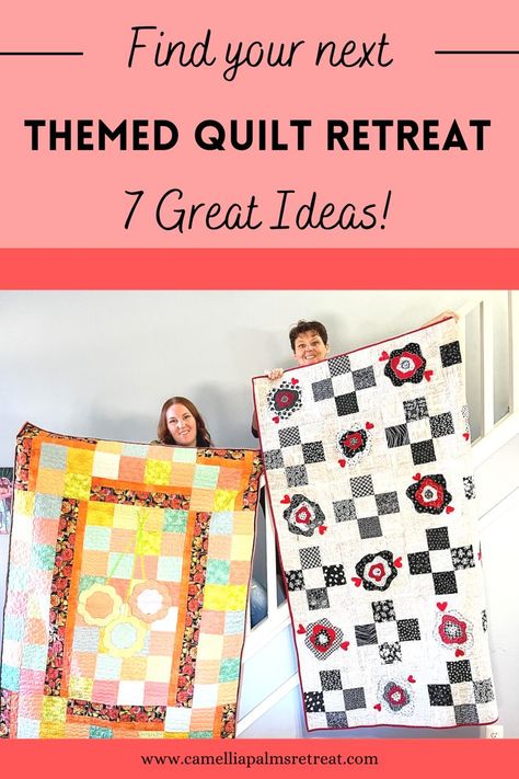 two women on a quilt retreat holding up their quilts they've made and smiling. Quilt Retreat Themes, Quilt Retreat Ideas, Quilt Retreat Favors, Retreat Themes, Sewing Retreats, Craft Retreat, Retreat Ideas, Quilt Retreat, Retreat Center