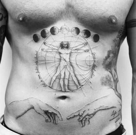 Vetruvius Man Tattoo, Vitruvian Man Tattoo Design, Tattoo Reborn, Rugrats Tattoo, Vitruvian Man Tattoo, Concept Tattoo, Fibonacci Tattoo, Man Tattoo, Torso Tattoos