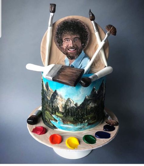 Bob Ross Cake, Bob Ross Birthday, Bob Ross Art, Artist Cake, Cake With Buttercream, Bob Ross Paintings, Spice Cupcakes, Pumpkin Cupcakes, Pumpkin Spice Cupcakes