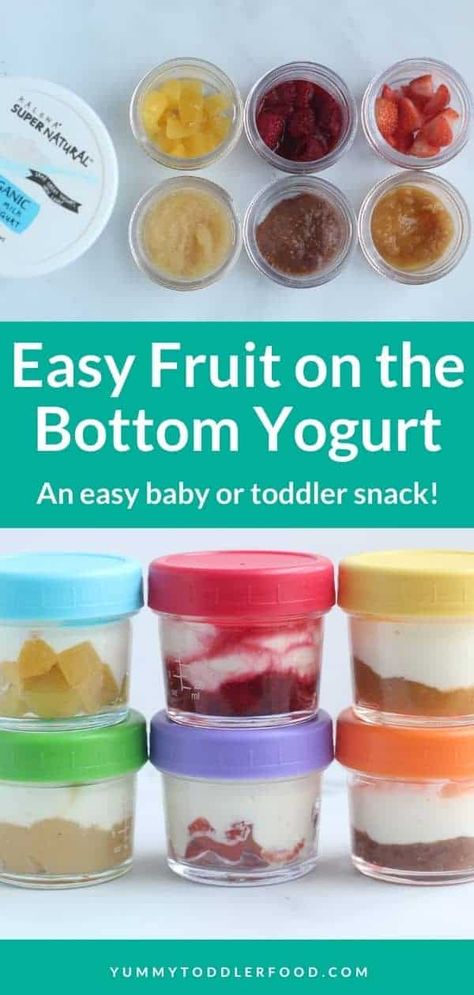 Learn how to make fruit on the bottom yogurt as an easy toddler snack or baby snack with this easy method to use any kind of fruit you have on hand. Fruit On The Bottom Yogurt, Easy Toddler Snacks, Toddler Snack, Healthy Snacks To Make, Kid Recipes, Toddler Recipes, Toddler Breakfast, Fruit Yogurt, Yogurt Flavors