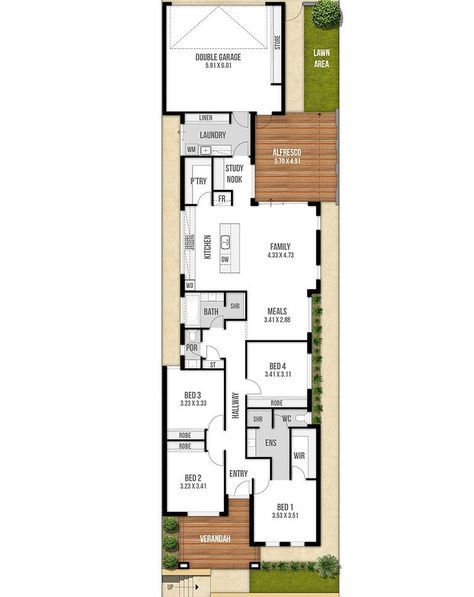 Narrow Lot Floor Plan for 10m Wide Blocks | Boyd Design Perth Narrow Lot Floor Plans, Long Narrow House Plans, Long Narrow House, Narrow House Plans, Study Nook, Narrow House, Double Garage, Family Kitchen, Perth