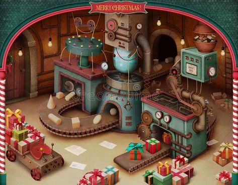 Christmas Toy Factory, Factory Illustration, Christmas Toy Shop, Christmas Booth, Santa's House, Santa Toys, Toy Factory, Holiday Greeting, Chocolate Factory