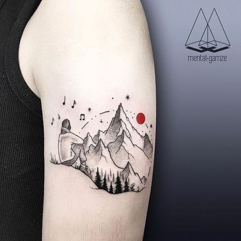 🎶🎵🎶#music #mountains #hiking #view Small Music Tattoos, Moutain Tattoos, Camping Tattoo, Sunflower Tattoo Sleeve, Hiking Tattoo, Dot Tattoos, Tattoo Inspiration Men, Mountains Hiking, Sketch Tattoo Design