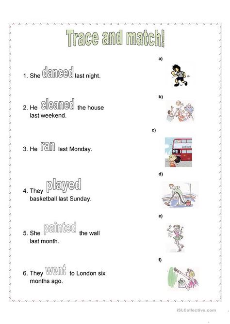 Trace and match! Past tense - English ESL Worksheets for distance learning and physical classrooms Tenses English, The Sentence, Past Tense, Grammar Worksheets, Teaching Jobs, Esl Worksheets, Distance Learning, Grammar, Elementary Schools