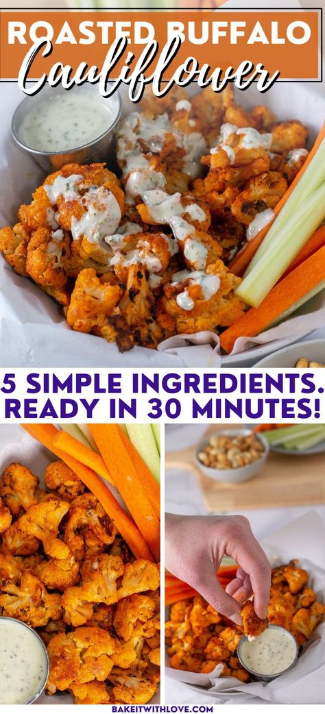 Oven Roasted Buffalo Cauliflower, Roasted Cauliflower Bites, Buffalo Cauliflower Oven, Finger Food Sides, Cauliflower Recipes Baked, Cauliflower Appetizer Recipes, Cauliflower Wings Recipes, Buffalo Cauliflower Baked, Roasted Buffalo Cauliflower