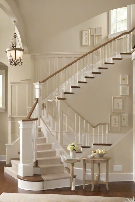 staircase paint, banister painting, railing painting, Benjamin Moore paint Paint Stair Railing White, Banister Painting, Old Banister Painted, Oak Staircase With White Spindles, Painting Old Staircase, Fall Fireplace Decor Mantles, Painted Banister, Fall Bathroom Decor Ideas, Fall Bathroom Decor