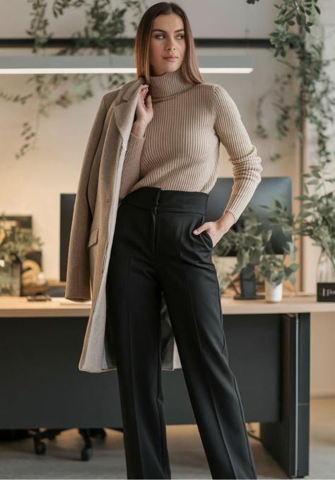 This minimalist ensemble emphasizes simplicity and class. The fitted beige turtleneck contrasts beautifully with the tailored, wide-leg black trousers, creating a flattering silhouette. The draped coat offers a relaxed yet put-together touch, making this outfit suitable for a stylish workday or an upscale casual event. Beige Turtleneck Outfit, Beige Turtleneck, Upscale Casual, Draped Coat, Turtleneck Outfit, Office Chic, Minimalist Office, Chic Office, Black Trousers