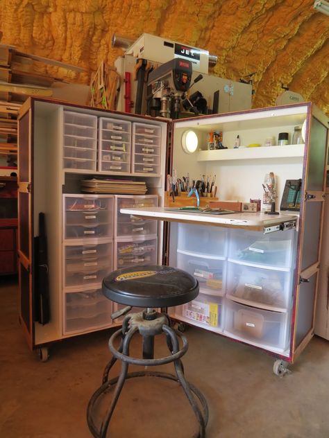 Hobby Station Ideas, Portable Craft Station, Painters Van Storage, Storage Unit Art Studio, Mobile Craft Station, Hobby Craft Storage Trolley, Crafting Workstation, Hobby Desk Work Stations, Small Hobby Room