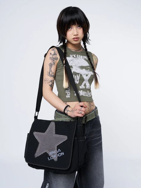 Black Canvas Messenger Bag with Grey Star Front Print | Minga London – Minga London US How To Sew A Messenger Bag, Sewing A Messenger Bag, 2000s Messenger Bag, Sew Messenger Bag, Messenger Bag Outfit, Messenger Bag Aesthetic, Grunge Bag, Alt Style Outfit, Diy Messenger Bag