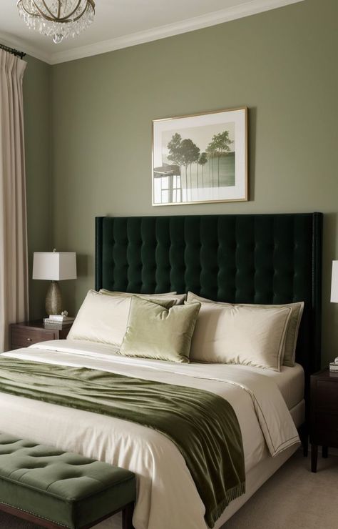 Parisian Interior Design, Green Bedroom Ideas, Velvet Bedroom, Green Headboard, Girls Bedroom Makeover, Natural Wood Furniture, Dreamy Aesthetic, Velvet Headboard, Green Bedroom