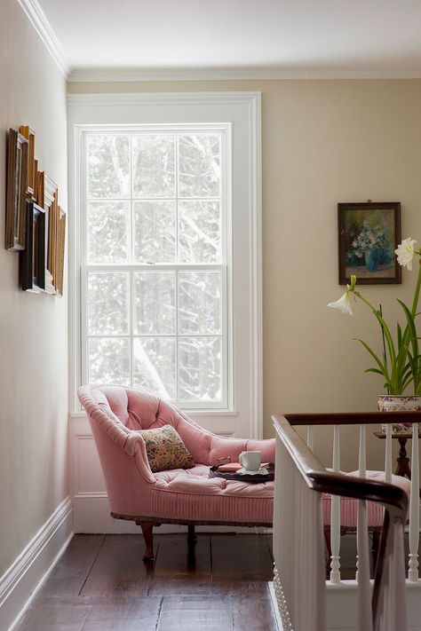 A tufted chaise lounge in millennial pink. Hallway Seating, Tufted Chaise Lounge, Traditional Staircase, Historic Renovation, Floor Sitting, Hallway Designs, Foyer Design, Modern Victorian, New England Homes