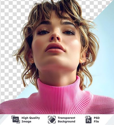 A captivating high-quality image of a woman in a stylish pink turtleneck sweater, showcasing her short hair and confident demeanor. Perfect for lifestyle and fashion themes.