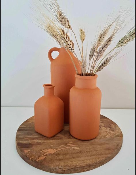 Terracotta Decorative Items, Pampas Grass In Terracotta Vase, Teracotta Painting Vase Diy, Vase Terracotta, Terracotta Bottle, Vases Terracota, Teracotta Pots, Terracotta Decor, Color Terracota