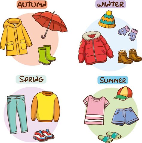 Spring, summer, autumn, winter season clothes set. Collection for clothing outfit stickers. Flat style. illustration Summer Winter Autumn Spring Four Seasons, Spring Clothes Drawing, Summer Clothes Drawing, Clothes Clip Art, Seasons Clipart, Winter Season Clothes, Communication English, Summer Season Drawing, Preschool Weather Chart