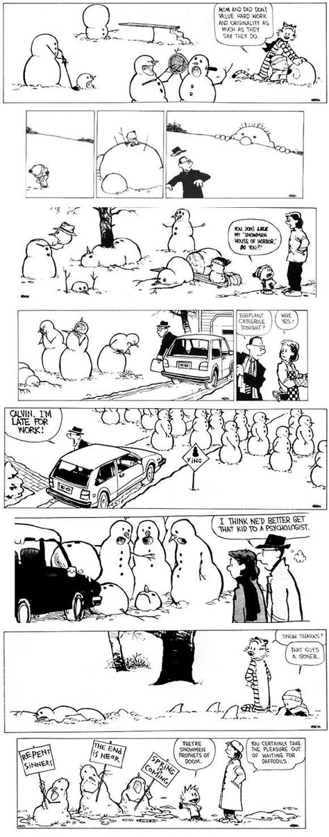 More Calvin Snowmen :D Calvin And Hobbes Snowmen, Calvin And Hobbes Wallpaper, Doug Funnie, The Awkward Yeti, Sunday Comics, Cartoon Strip, Hayao Miyazaki, Calvin And Hobbes, Fun Comics