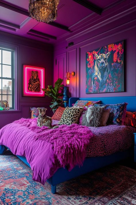 #greige #paintcolors #homedecor #interiordesign #colorpalette #paintingtips #homeimprovement #colorinspiration #decoratingideas #greigeinterior Fuchsia Room Ideas, Miami Aesthetic Bedroom, Colorful Luxury Bedroom, Purple Art Deco Bedroom, Floating Bed Bedroom Ideas, Colorful Moody Bedroom, Emerald Pink Bedroom, Purple And Orange Room Aesthetic, Jewel Toned Room