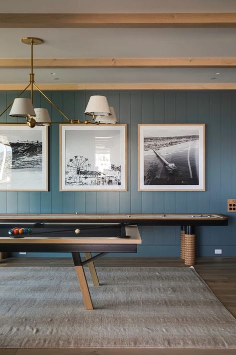 KINGS Basement Gym And Game Room, Pool Table Rug, Baseball Game Room, Game Room Basement Man Caves, Coastal Man Cave, Lakehouse Basement Ideas, Moody Pool Table Room, Coastal Game Room Ideas, Basement Pool Room