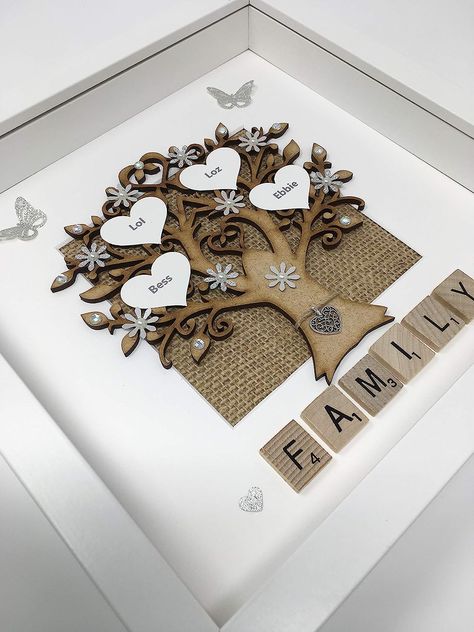 Personalised Scrabble Family Tree 3D Box Picture Frame Scrabble Silver Glitter Up To 14 Names : Amazon.co.uk: Handmade Products Family Tree Box Frame, Family Tree Frame Ideas, Cricut Family Tree Ideas, Family Tree Shadow Box Ideas, Christmas Box Frames Ideas, 3d Frame Ideas, Family Tree Wall Hanging, Scrabble Letter Crafts, Scrabble Frames