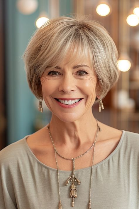 Jaw-length rounded bob cut for women over 60 Neck Length Hair, Haircut Styles For Women, Over 60 Hairstyles, Corte Bob, A Bob, Chin Length Hair, Layered Bob Hairstyles, Short Hair Over 60, Short Bob Haircuts