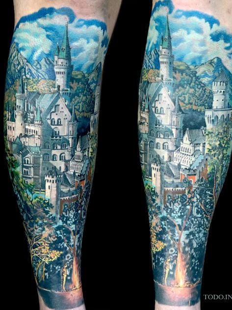 Realism Tattoo by Todo Mcdonough Georgia, Castle Tattoo, Neuschwanstein Castle, Aesthetic Tattoo, Realism Tattoo, Tattoo Art, Realism, I Tattoo, Tattoos For Guys