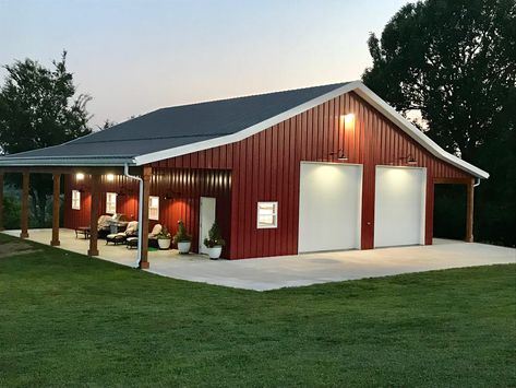 Garage Doors For Pole Barns, Garage With Lean To On Both Sides, Metal Shop With Carport, Shop With Living Quarters 40x60 With Loft, Metal Shop With Porch, Shop With Porch, Workshop Ideas Buildings, Pole Barn With Porch, Metal Garage Ideas