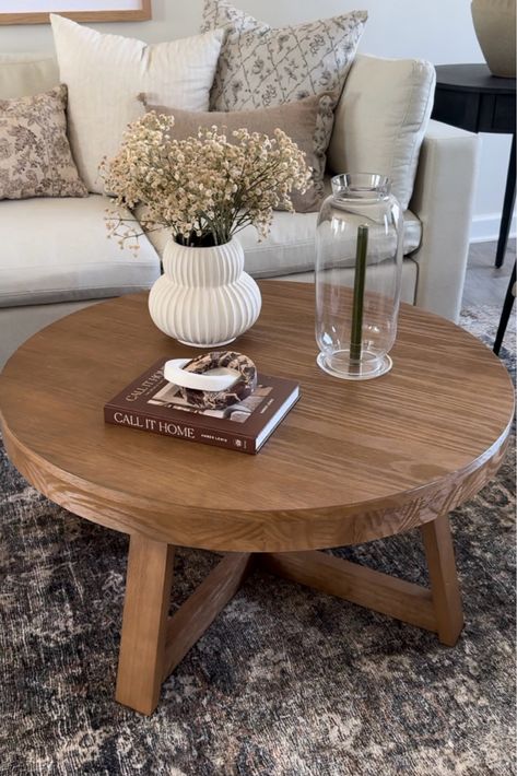 Living Room Decor Round Coffee Table, Coffee Table Round Decor, Round Table For Living Room, Round Or Square Coffee Table, Coffee Table Ideas Living Room Modern, Nancy Meyers Coffee Table, Styled Coffee Table, Small Round Coffee Table Decor, Styling Round Coffee Table