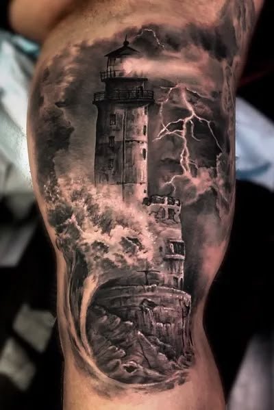 Inner Bicep Tattoo Ideas, Bicep Tattoo Ideas, Sea Tattoo Sleeve, Lighthouse Tattoo Meaning, Ship Tattoo Sleeves, Papa Tattoo, Nautical Sleeve, Nautical Tattoo Sleeve, Herren Hand Tattoos