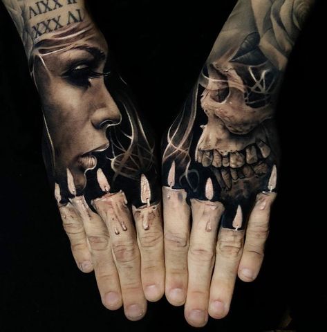 Finger Candles by Jak Connolly, a tattoo artist and oil painter, based in Bournemouth and Manchester, England. Tato 3d, Herren Hand Tattoos, Amazing 3d Tattoos, Optical Illusion Tattoo, Embroidery Tattoo, Candle Tattoo, Finger Tattoo, 3d Tattoos, 3d Tattoo