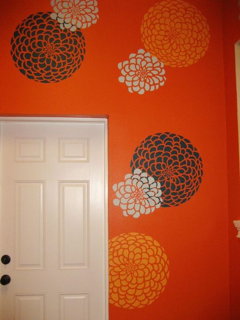 Orange Stencil Wall, Orange Wall Design, Stencil Designs Wall Living Room, Orange Laundry Room, Interior Wall Painting Designs, Orange Painted Walls, Orange Wall Decor, Popular Home Decor, Wall Stencil Designs