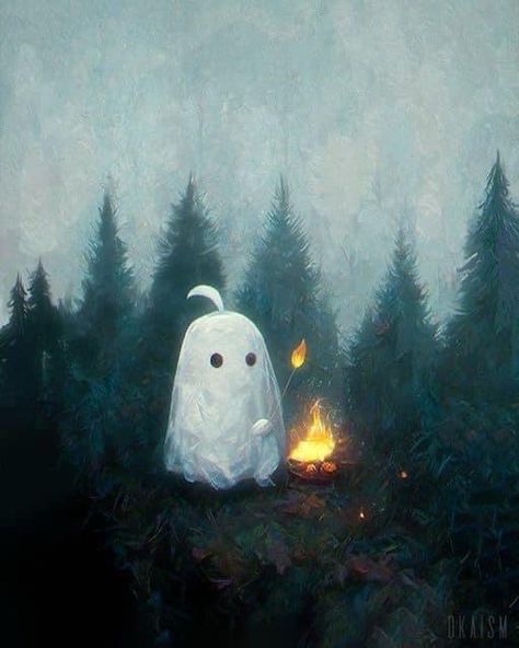 A Ghost, In The Woods, Ghost, Acrylic Painting, Forest, Halloween, White