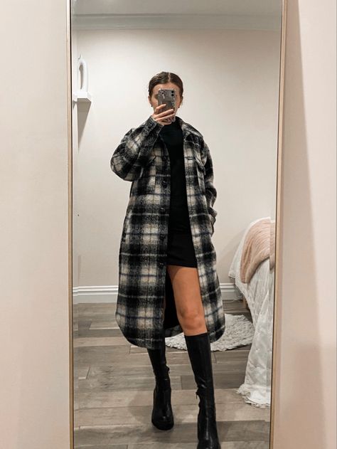 Tap image to shop. Fall outfits 2023 | plaid shacket outfit | shirt jacket outfit | fall jackets | fall coat | sweater dress outfit | sweater dress with boots | black sweater dress outfit | fall boots | fall shoes | knee high boots outfit | knee high black boots | boots with dress | leather boots | outfit inspirations | outfit inspo fall | #fallfashion #fallstyle #falloutfit #streetstyle #streetfashion #streetwear #outfitideas #ltkstyletip #ltksalealert #ltkshoecrush #outfits #ootd Long Flannel Dress Outfit, Shacket Dress Outfit, Outfits With Tall Black Boots, Flat Knee High Boots Outfit, Plaid Shacket Outfit, Flat Boots Outfit, Print Boots Outfit, Sweater Dress Outfit Fall, Sweater Dress With Boots