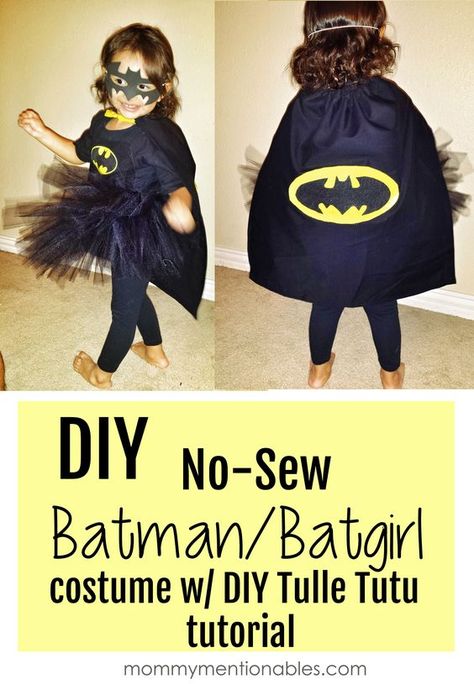 DIY No-Sew Batman Batgirl Costume w/DIY Tule TuTu #superhero #Halloween #diycostume Tulle Tutu Diy, Batgirl Costume Diy, Diy Superhero Costume, Tutu Diy, Superhero Halloween Costumes, Diy Superhero, Sibling Costume, Diy Tulle, Superhero Halloween