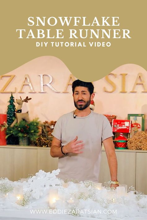 Follow along as Eddie Zaratsian shows you how to make snow from cotton batting then recreate this easy white Christmas table runner for yourself. Take a look at his DIY video tutorial to see how a simple white Christmas table runner idea can turn into an impactful piece of beautiful holiday decor. Snowflake Table Decor, Snow Themed Table Decorations, Fake Snow Centerpiece, Faux Snow Table Runner, Snow Table Runner, Snow Blanket Table Runner, Christmas Party Centerpieces, Party Centerpieces Diy, Winter Table Decor