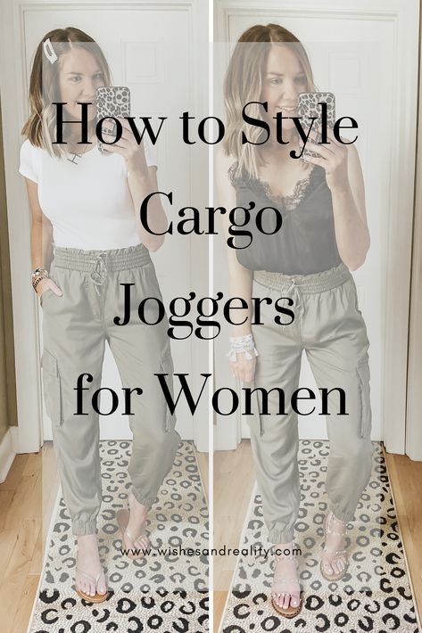 Joggers outfit is pretty much all I've been wearing lately so when I stumbled upon this pair of cargo joggers I knew I'd found the perfect pair of pants to dress from day tonight. They make for perfect casual outfits when paired with a bodysuit or graphic tees. Or dress dress up joggers for a date night outfit with a lace cami outfit. Where them at their full length or as slouchy pants. These make for a variety of comfortable outfits and are such versatile clothing pieces #casualoutfits #joggers Satin Cargo Joggers Outfit, Silk Joggers Outfit Dressy, Casual Cargo Joggers, Satin Cargo Pants Outfit Dressy, Khaki Joggers Outfit, Silk Joggers Outfit, Dressy Cargo Pants Outfits, Dress Up Joggers Outfits, Khaki Joggers Outfit Women