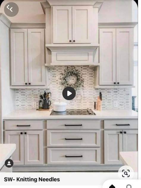 Light Taupe Kitchen, Hood Over Range, Light Taupe Kitchen Cabinets, Gauntlet Grey, Light Grey Wood Floors, Kitchen Counter And Backsplash, Taupe Kitchen Cabinets, Kitchen Cabinets Backsplash, Grey Island