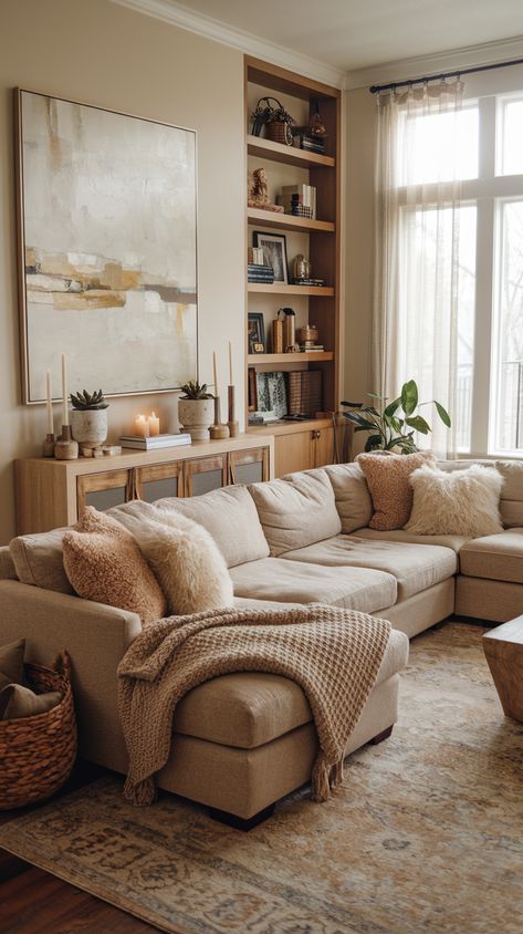 15 Cozy Living Room Decor Ideas That Will Make You Want to Snuggle Up! Fur Pillows Living Room, Living Room Inspo Cream Couch, Living Room L Sofa Design, Living Room Light Furniture, Cozy Timeless Home, Reading Book Living Room, Living Room Sofa In The Middle, Tan Sectional Living Room Color Schemes, Deep Cozy Couch